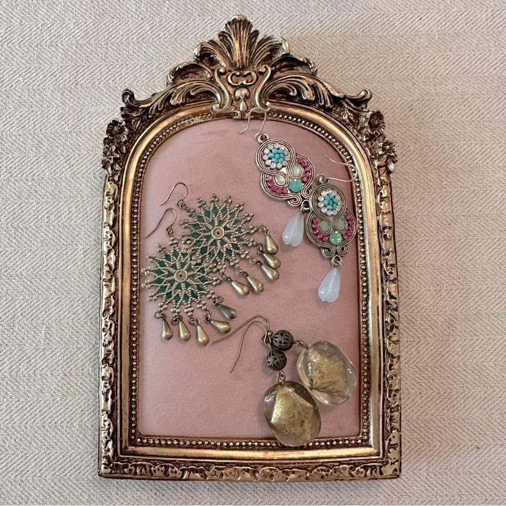 Set of 3 Earrings Green, Pink & Burnished Gold Bohemian Style Collection Bundle - Picture 9 of 12